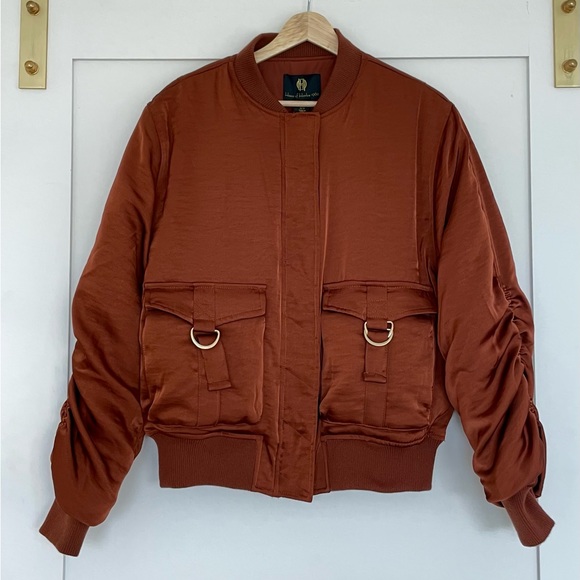 House Of Harlow 1960 Satin Bomber Jacket Women’s Medium Metallic Brown Ruched - Picture 7 of 16